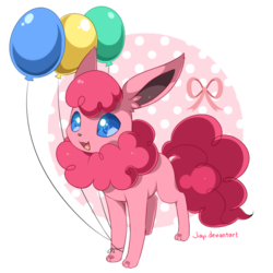 Size: 700x700 | Tagged: dead source, safe, artist:jiayi, pinkie pie, eevee, g4, balloon, crossover, cute, diapinkes, eeveelution, female, pokefied, pokémon, simple background, solo, species swap, transparent background