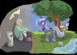 Size: 1200x862 | Tagged: dead source, safe, artist:phoreen, princess luna, oc, oc:anon, alicorn, butterfly, human, pony, g4, duo, paper bag, s1 luna, sad, smiling, trash can