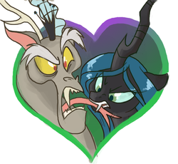 Size: 563x518 | Tagged: safe, artist:dinkelion, discord, queen chrysalis, g4, biting, female, male, ship:discolis, shipping, straight
