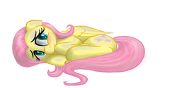 Size: 800x400 | Tagged: safe, artist:inmydefence, fluttershy, pegasus, pony, g4, curled up, female, floppy ears, mare, simple background, solo, white background