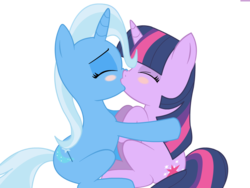 Size: 1024x768 | Tagged: artist needed, source needed, safe, trixie, twilight sparkle, pony, unicorn, g4, duo, eyes closed, female, kiss on the lips, kissing, lesbian, mare, ship:twixie, shipping