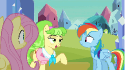 Size: 1920x1080 | Tagged: safe, screencap, chickadee, fluttershy, ms. peachbottom, rainbow dash, g4, games ponies play, animated, building, clothes, crystal empire, female, loop, messy mane, scratches, shirt