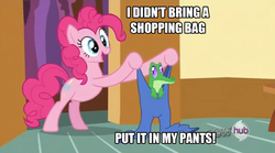 Size: 1276x709 | Tagged: safe, gummy, pinkie pie, g4, clothes, hat chat, hat films, image macro, pants
