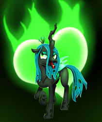 Size: 1341x1600 | Tagged: safe, artist:rcupcake, queen chrysalis, changeling, changeling queen, g4, crown, fangs, female, fire, forked tongue, green fire, horn, jewelry, regalia