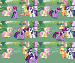 Size: 1280x1080 | Tagged: safe, edit, edited screencap, screencap, applejack, fluttershy, rarity, twilight sparkle, g4, it's about time, glowing, glowing horn, group, hammerspace, horn, implications, levitation, magic, out of context, outdoors, quartet, scroll, telekinesis, walking, walking away
