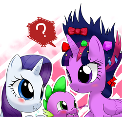 Size: 1200x1150 | Tagged: safe, artist:hoyeechun, rarity, spike, twilight sparkle, alicorn, pony, g4, alternate hairstyle, blushing, female, laughing, mare, question mark, twilight sparkle (alicorn)