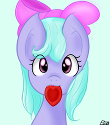 Size: 666x756 | Tagged: safe, artist:freefraq, flitter, pony, g4, bow, female, heart, mouth hold, solo