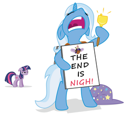 Size: 2200x2000 | Tagged: safe, artist:starbolt-81, trixie, twilight sparkle, alicorn, pony, unicorn, g4, acorn, bell, clothes, doomsday, duo, female, floppy ears, hat, mare, pun, ringing bell, sign, simple background, solo focus, the end is near, the end is neigh, the end is nigh, trixie's hat, twilacorn, twilight sparkle (alicorn), unicorn twilight