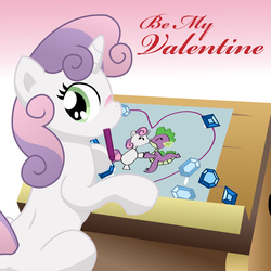 Size: 10650x10650 | Tagged: safe, artist:prinnyaniki, spike, sweetie belle, g4, absurd resolution, blushing, drawing, female, gem, kissing, male, ship:spikebelle, shipping, straight