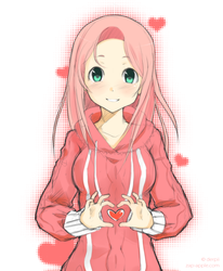 Size: 1648x2000 | Tagged: safe, artist:derpiihooves, fluttershy, human, g4, clothes, cute, faith summers, female, heart hands, hoodie, humanized, looking at you, moe, shyabetes, solo, starswirl academy, valentine's day