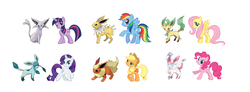 Size: 2728x1008 | Tagged: safe, applejack, fluttershy, pinkie pie, rainbow dash, rarity, twilight sparkle, eevee, espeon, flareon, glaceon, jolteon, leafeon, sylveon, g4, comparison, crossover, eeveelutions, mane six, pokémon, pokémon x and y