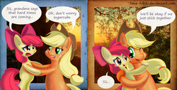 Size: 3742x1900 | Tagged: safe, artist:lima-hibiki, apple bloom, applejack, g4, comic, cute, hard times, hug, speech bubble