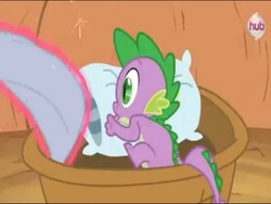 Size: 800x600 | Tagged: safe, screencap, spike, dragon, g4, magical mystery cure, bed, cute, implied twilight sparkle, levitation, magic, male, offscreen character, on side, sleeping, solo, spike's bed, telekinesis, thumb sucking, wide eyes