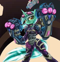 Size: 1039x1080 | Tagged: safe, artist:zedrin, lyra heartstrings, pony, g4, badass, bipedal, crossover, female, hand, humie, league of legends, mechanical hands, solo, vi