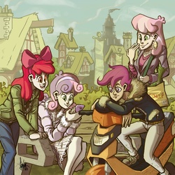 Size: 1000x1000 | Tagged: safe, artist:theartrix, apple bloom, cheerilee, scootaloo, sweetie belle, human, g4, cutie mark crusaders, humanized, phone, scooter