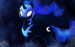 Size: 1024x640 | Tagged: safe, artist:chu0403, nightmare moon, g4, abstract background, ethereal mane, helmet, side view, solo, white eyes