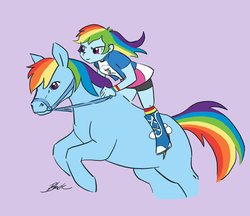 Size: 928x800 | Tagged: safe, artist:caycowa, rainbow dash, horse, human, equestria girls, g4, bridle, clothes, double rainbow, duality, female, foreseen the future, hilarious in hindsight, hoers, human ponidox, humans riding horses, realistic, reins, riding, self riding