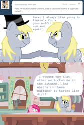 Size: 640x960 | Tagged: safe, artist:askmspaintderpy, derpy hooves, pinkie pie, earth pony, pegasus, pony, g4, ask, british, comic, implied cupcakes, muffin, pinkamena diane pie, self ponidox, tumblr