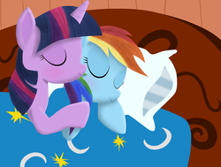 Size: 3090x2340 | Tagged: safe, artist:waveywaves, rainbow dash, twilight sparkle, g4, bed, cuddling, ship:twidash, shipping, sleeping, snuggling