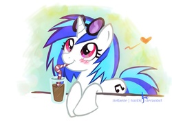 Size: 1024x768 | Tagged: safe, artist:riotfaerie, dj pon-3, vinyl scratch, pony, g4, blushing, chocolate, drinking, female, heart, milkshake, solo