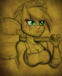 Size: 482x591 | Tagged: safe, artist:lil miss jay, applejack, earth pony, anthro, g4, axe, breasts, bust, busty applejack, cleavage, female, piercing, scar, solo, weapon