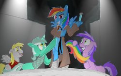 Size: 900x566 | Tagged: safe, amethyst star, derpy hooves, lyra heartstrings, rainbow dash, sparkler, pegasus, pony, g4, female, mare, parody, repo! the genetic opera, zydrate