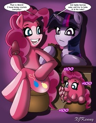 Size: 550x706 | Tagged: safe, artist:xjkenny, pinkie pie, twilight sparkle, g4, pinkie bank