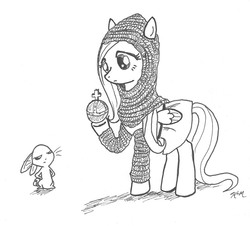 Size: 1432x1292 | Tagged: safe, artist:catscratchpaper, angel bunny, fluttershy, pegasus, pony, rabbit, g4, animal, armor, chainmail, crossover, holy hand grenade of antioch, monty python, monty python and the holy grail, traditional art