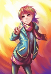 Size: 1116x1600 | Tagged: safe, artist:ninjaham, rainbow dash, human, g4, abstract background, clothes, female, humanized, jacket, peace sign, scarf, solo
