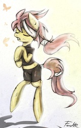 Size: 700x1101 | Tagged: safe, artist:fedte, fluttershy, pony, g4, bipedal, clothes, eyes closed, female, injured, scratches, solo