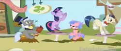 Size: 1281x537 | Tagged: safe, screencap, caesar, count caesar, horte cuisine, royal ribbon, savoir fare, twilight sparkle, earth pony, pony, unicorn, g4, magical mystery cure, bipedal, dancing, female, hat, male, mare, monocle, sitting, song, stallion, top hat, unicorn twilight