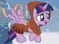 Size: 3000x2240 | Tagged: safe, artist:beavernator, twilight sparkle, alicorn, pony, g4, cloak, clothes, crossover, female, journey, mare, mountain, scarf, snow, twilight sparkle (alicorn)