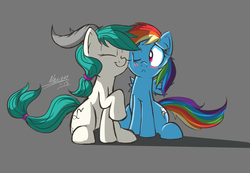 Size: 1938x1342 | Tagged: safe, artist:nac0n, capricorn (g4), rainbow dash, earth pony, pegasus, pony, g4, :<, blushing, capricorn, duo, duo female, eyes closed, female, gray background, lesbian, mare, nuzzling, ponyscopes, ship:capridash, shipping, simple background, smiling, snuggling, zodiac