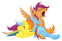 Size: 1800x1200 | Tagged: safe, artist:dreamscape195, rainbow dash, scootaloo, spitfire, pegasus, pony, g4, cuddle puddle, cuddling, eyes closed, pony pile, simple background, snuggling, transparent background, trio, yawn