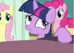 Size: 656x470 | Tagged: safe, screencap, fluttershy, pinkie pie, twilight sparkle, pony, unicorn, g4, read it and weep, adorkable, animated, cute, dork, female, grin, hub logo, smiling, squee, twiabetes, unicorn twilight
