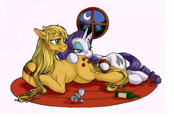 Size: 1280x864 | Tagged: safe, artist:fillyphalanx, applejack, rarity, g4, alcohol, bottle, brush, brushie, butt pillow, duo, female, glass, hatless, hoof hold, lesbian, loose hair, mare, missing accessory, moon, ship:rarijack, shipping, window, wine