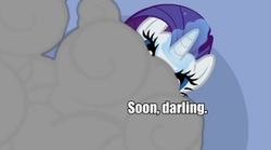Size: 339x188 | Tagged: safe, edit, edited screencap, screencap, rarity, pony, unicorn, g4, suited for success, darling, female, glowing horn, horn, image macro, impact font, magic, mare, smoke, solo, soon, steam