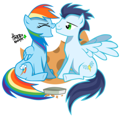 Size: 1024x992 | Tagged: dead source, safe, artist:habbokoopa, rainbow dash, soarin', pegasus, pony, g4, female, male, mare, ship:soarindash, shipping, simple background, stallion, transparent background