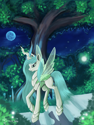 Size: 1500x2000 | Tagged: safe, artist:dalagar, queen chrysalis, changedling, changeling, changeling queen, g4, a better ending for chrysalis, female, moon, purified chrysalis, solo, tree, what if