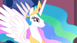 Size: 1280x720 | Tagged: safe, screencap, princess celestia, alicorn, pony, g4, season 2, the return of harmony, :t, female, looking at you, smiling, solo, spread wings, twiface