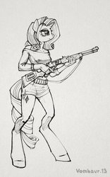 Size: 1200x1920 | Tagged: safe, artist:vombavr, rarity, anthro, unguligrade anthro, g4, gun, hooves, monochrome, rifle, trigger discipline, weapon