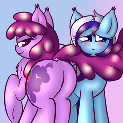 Size: 2000x2000 | Tagged: safe, artist:goldenmercurydragon, berry punch, berryshine, minuette, earth pony, pony, unicorn, g4, berry butt, butt, chest fluff, female, lesbian, plot, seduction, ship:berrygate, shipping, tail seduce