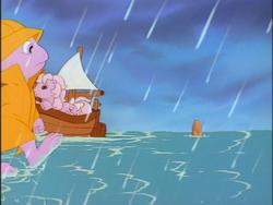 Size: 640x480 | Tagged: safe, screencap, lickety-split, spike (g1), g1, my little pony 'n friends, boat, raincoat, walk, water