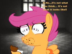 Size: 900x668 | Tagged: safe, artist:kenzieham, scootaloo, pegasus, pony, g4, cannibalism joke, chicken meat, eating, food, meat, ponies eating meat, scootachicken, solo