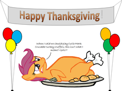 Size: 1200x900 | Tagged: safe, artist:theitalianstallion99, scootaloo, turkey, g4, balloon, female, implied vore, person as food, scootachicken, solo, thanksgiving