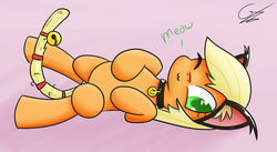 Size: 1681x918 | Tagged: safe, artist:bloodwolvenl, applejack, cat, g4, :3, applecat, bell, cat bell, cat ears, collar, meow, pet tag, solo, tail bell