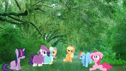 Size: 1920x1080 | Tagged: safe, artist:mr-kennedy92, applejack, pinkie pie, rainbow dash, rarity, twilight sparkle, g4, clothes, coat, hat, mane six, ponies in real life, rain, river, stream, tree, vector, wet mane