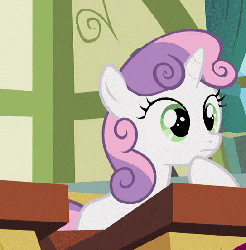 Size: 545x552 | Tagged: safe, screencap, sweetie belle, pony, unicorn, g4, ponyville confidential, animated, classroom, cute, desk, diasweetes, eyes closed, female, filly, floppy ears, frown, ponyville schoolhouse, smiling, solo, squeetie belle