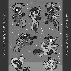 Size: 992x992 | Tagged: safe, artist:toonbat, nightmare moon, princess luna, oc, oc:frolicsome meadowlark, oc:sunshine smiles (egophiliac), bat pony, pony, moonstuck, g4, cartographer's cap, cute, dark woona, filly, grayscale, hat, monochrome, night guard, nightmare woon, shadowbolts, woona