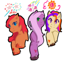 Size: 3000x3000 | Tagged: dead source, safe, sparkleworks, sunny daze (g3), wysteria, earth pony, pony, g3, blue eyes, cloven hooves, cutie mark, female, green eyes, heart, hooves, long mane, mare, multicolored mane, purple eyes, simple background, transparent background